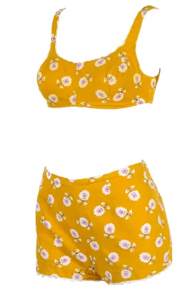 ﻿1960s Mustard Yellow Floral Two Piece Swimsuit or Playsuit