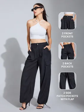 24/7 comfort Women's Black High-Rise Stretchable Light Weight Denim Cargo Parachute Pants