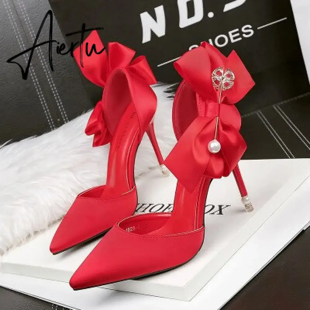Aiertu Fashion pointed satin high heels bow sexy pearl sandals stiletto shallow mouth wedding shoes