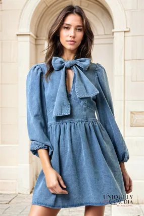 Barbara Bow Neck Tie Denim Babydoll Dress