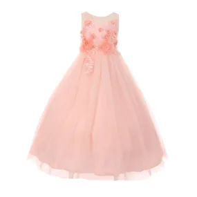 Big Girls Blush 3D Flower Adorned Tulle Illusion Junior Bridesmaid Dress 8-16