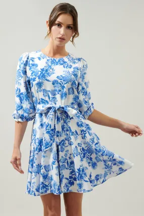 Blue/White Floral 3/4 Slv Dress