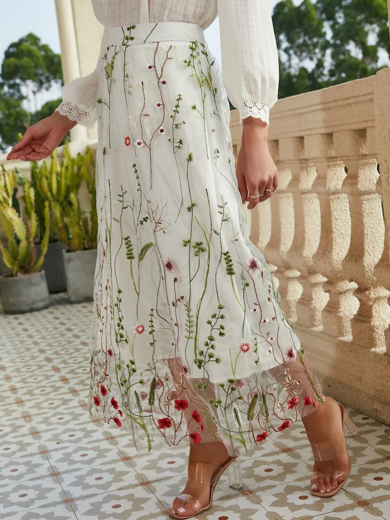 Boho Floral Embroidery High Waist Long Women Skirt