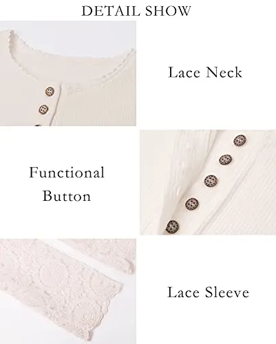 BTFBM Women Long Sleeve V Neck Button Up Solid Tops Blouses Trendy Slim Fit Lace Sleeves Ribbed Knit Casual Shirts Tunic (Lace White, Medium)