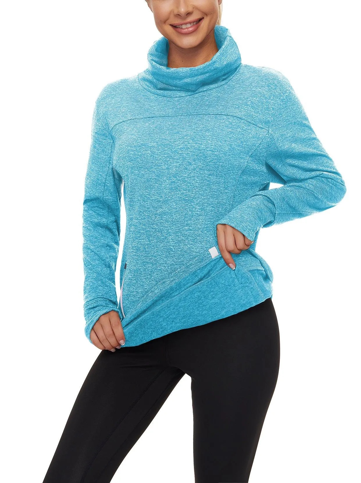 Cowl-neck Long-sleeve Fleece Top with Zip Pocket