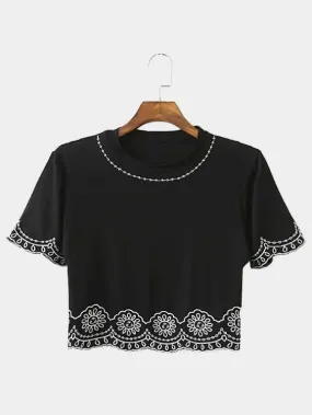 Custom Round Neck Lace Short Sleeve Black Fashion Tee