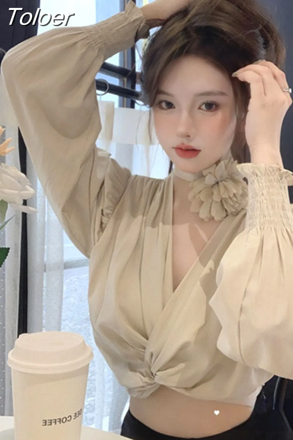 deanwangkt Temperament Tops Female V-neck Puff Sleeve Floral Blouse for Women Cropped Top  Blusas Mujer De Moda Chic Sexy Shirts 27m412