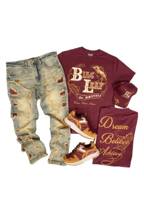 Dream Believe Achieve Shirt Bundle, Bitten Denim Jeans, and Dad Hat (Sneaker not included)