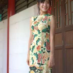 Gillian Yellow Vintage Floral Print Mandarin Chinese Collar Cheongsam Dress Qipao