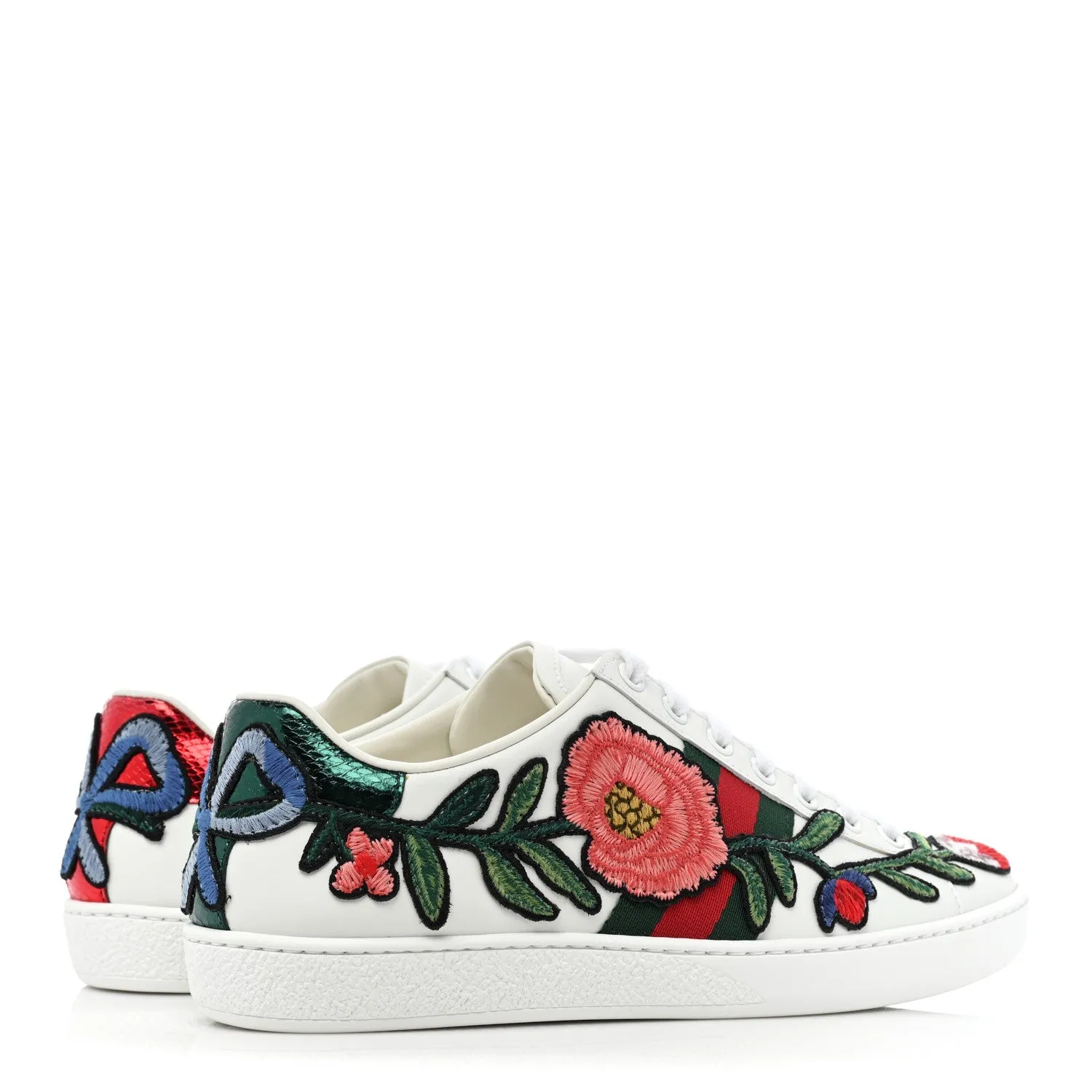 Gucci Calfskin Web Floral Embroidered Womens Ace Sneakers