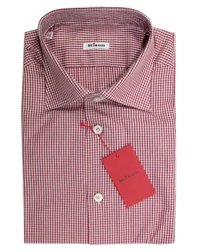 Kiton Dress Shirt White Maroon Mini Check Spread Collar 43 - 17 SALE