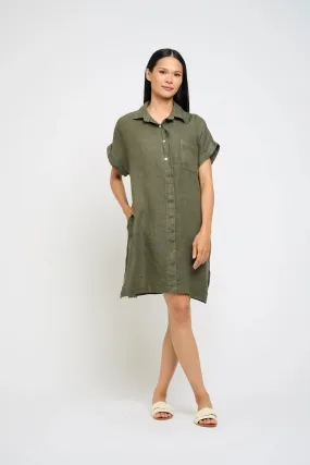 Linen Shirt Dress I Green Vine