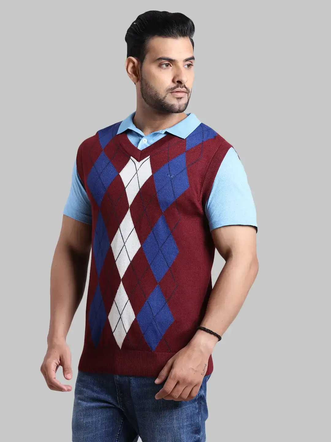 Men Navy Classic Fit Jacquard Acrylic Wool Blend Sleeveless V Neck Collar Sweaters