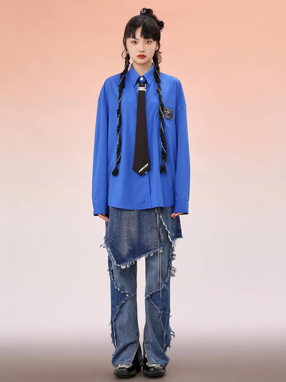 MUKZIN Blue Loose Shirts With Black Necktie