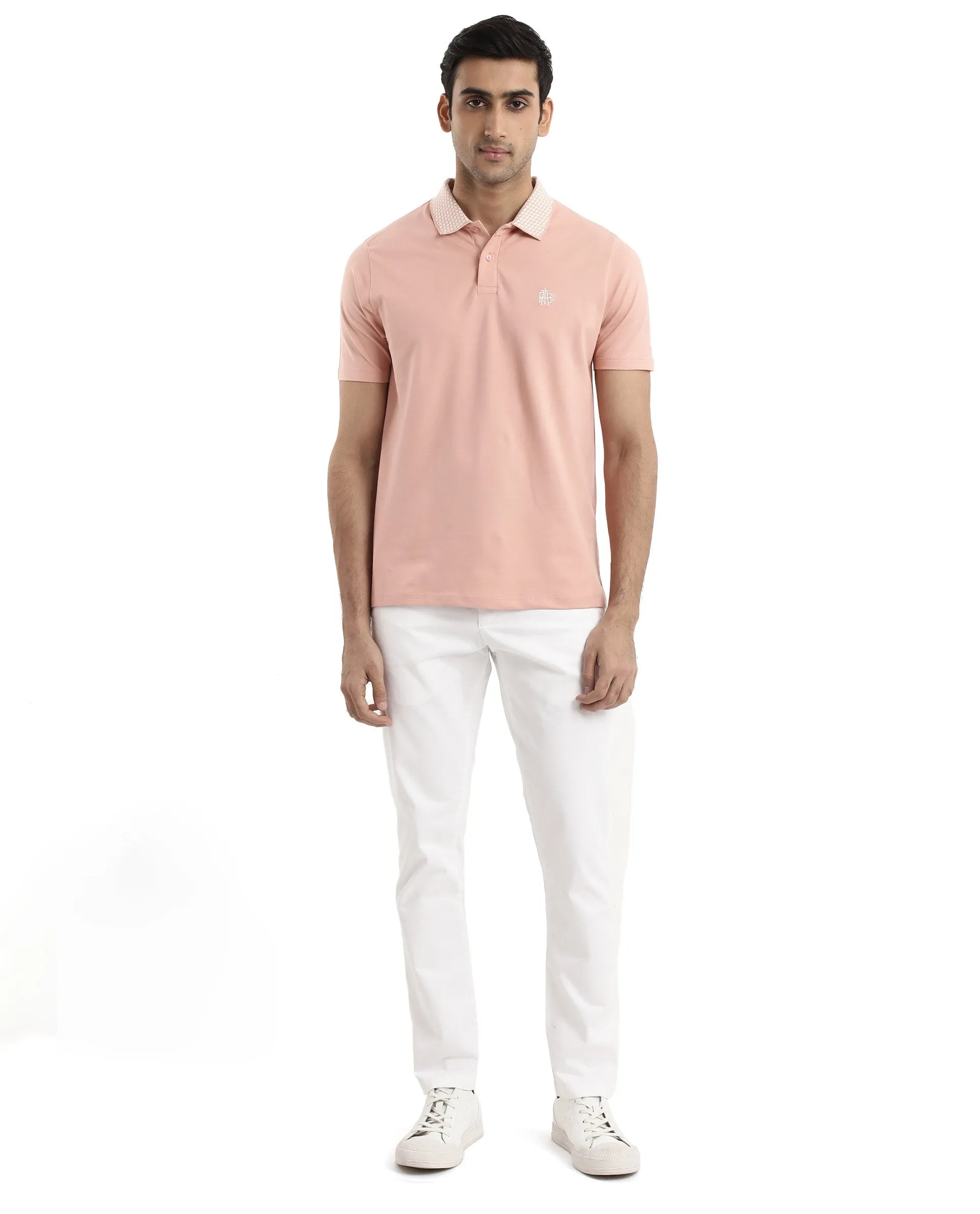 Rare Rabbit Men's Booth Light Peach Short Sleeve Textured Collar Embroidered Logo Plain Polo T-Shirt