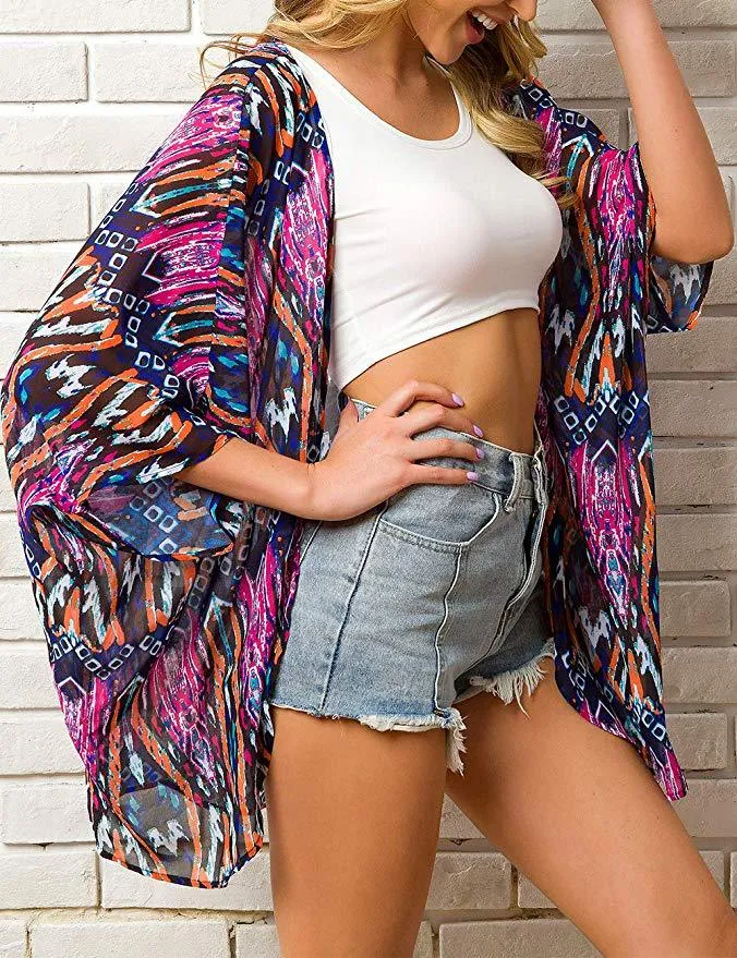 Women Floral Puff Sleeve Cardigans Chiffon Loose Cover Up Casual Blouse Tops
