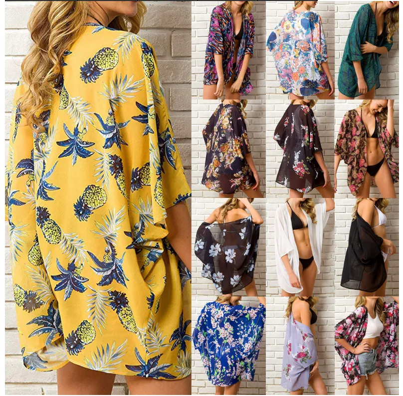 Women Floral Puff Sleeve Cardigans Chiffon Loose Cover Up Casual Blouse Tops