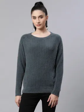 Women Pile knit Grey Woolen Regular Fit Casual Pullover