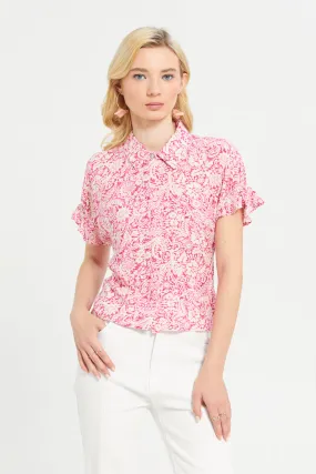 Women Pink Printed Rayon Shirt With Elasticated Sleeve Details
