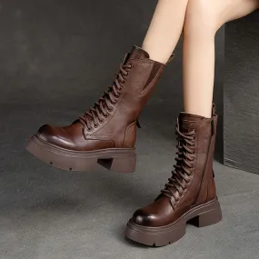 Women Retro Classic Leather Platform Mid-Calf Boots